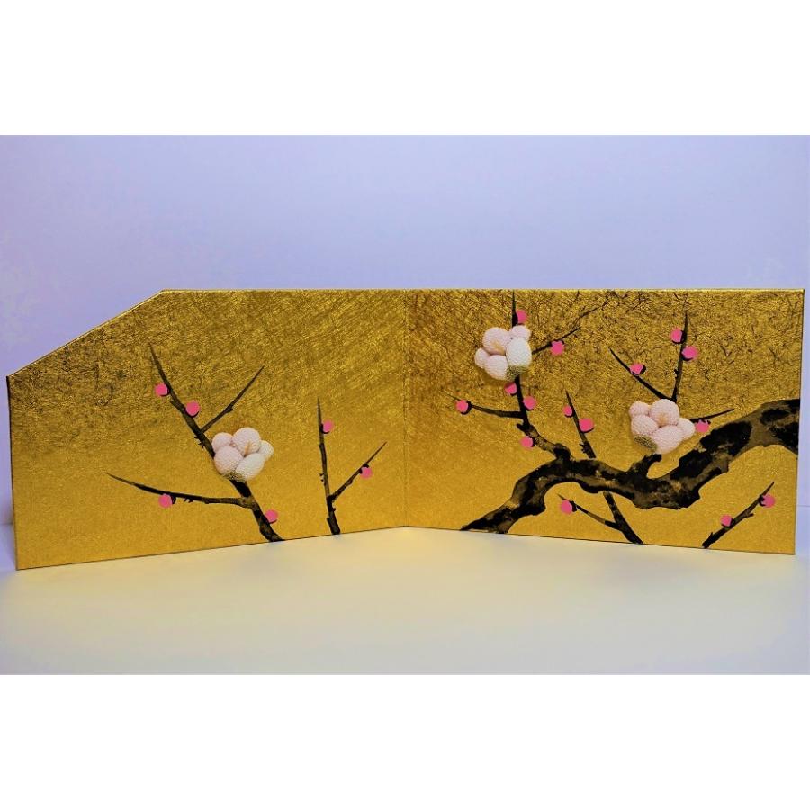 金屏風 屏風 コンパクト ちりめん 小さい 手作り/四季草花図 梅/置物