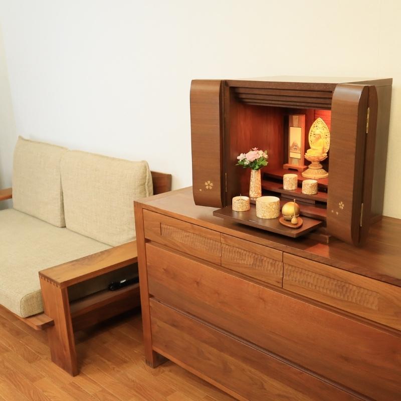 モダン上置き仏壇 桜15号 桜模様 ウォールナット薄板 送料無料 あす楽