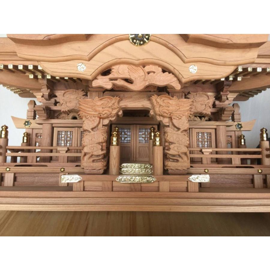神棚 入母屋造り三社(龍柱)・本欅製(大)(神具・神鏡付 神棚 入母屋造り三社(龍柱)・本欅製(大)(神具・神鏡付