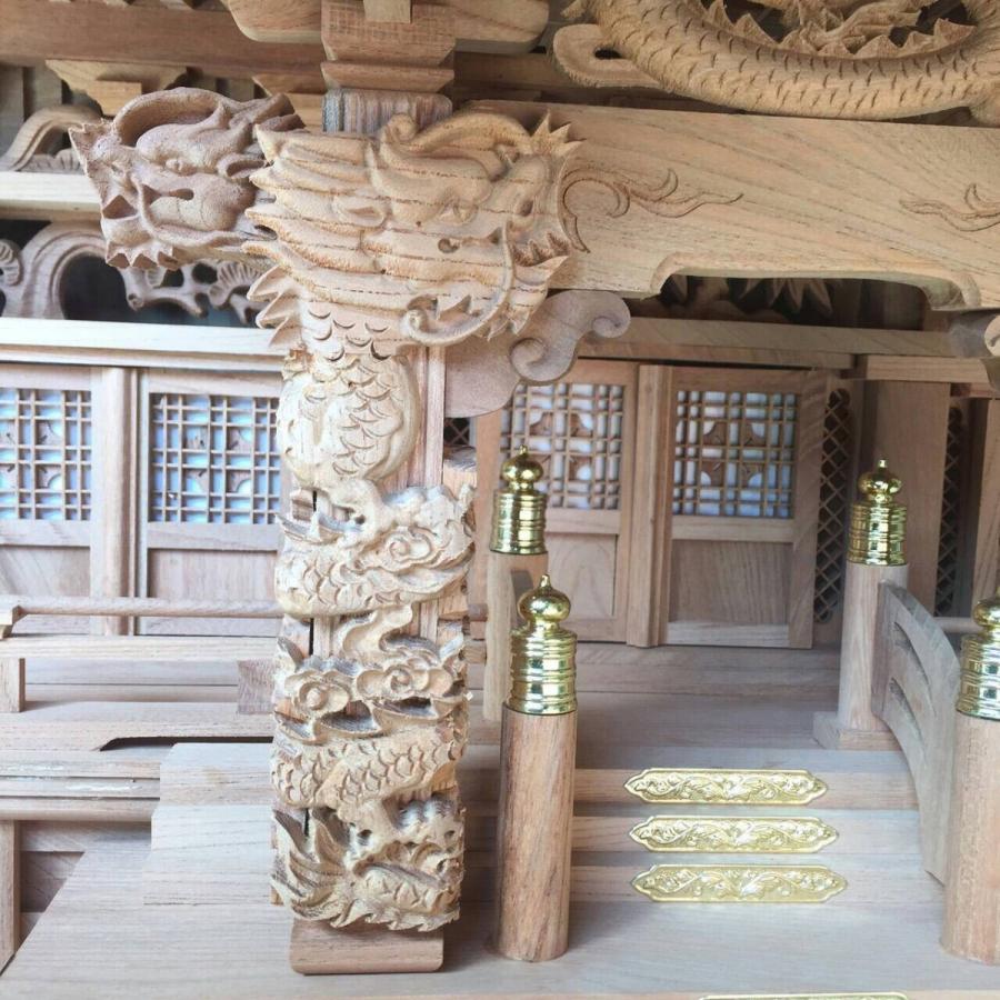 神棚 入母屋造り三社(龍柱)・本欅製(大)(神具・神鏡付 神棚 入母屋造り三社(龍柱)・本欅製(大)(神具・神鏡付