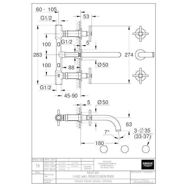 GROHE（グローエ） 【20164DCJ】 洗面用水栓アトリオ 2ハンドル壁出