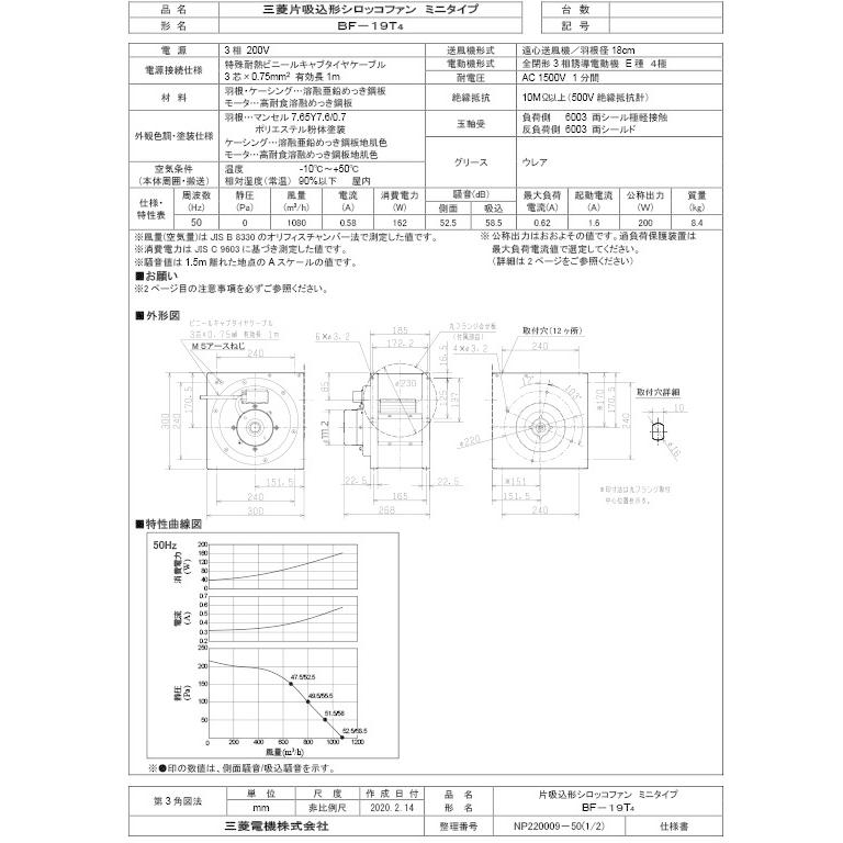 三菱【BF-19T5】三相200V 送風機 片吸込形シロッコファン ミニタイプ