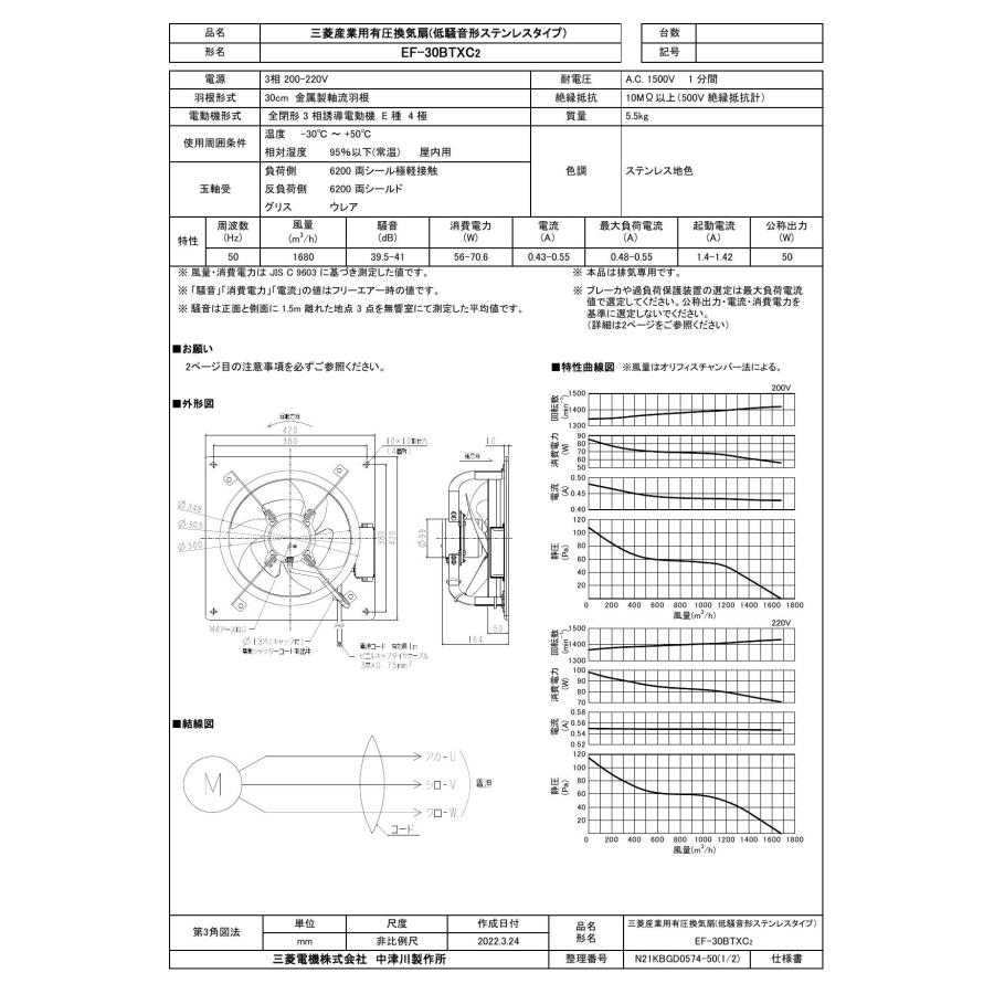 三菱電機　有圧換気扇　EF-30BTXC2　200V 三菱電機（MITSUBISHI ELECTRIC） 【EF-30BTXC2】 三菱 換気扇 低騒音