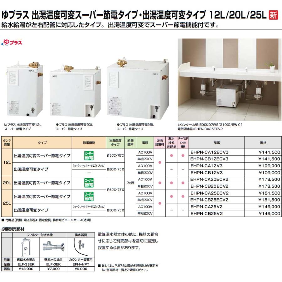 INAX INAX・LIXIL 電気温水器【EHPN-CB12ECV3】 12L ゆプラス 出湯温度 