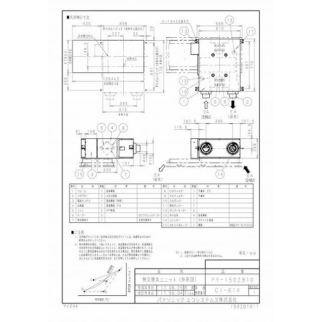 Panasonic（パナソニック） 換気扇 FY-150ZB10 熱交換気ユニット天吊
