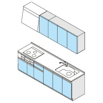 システムキッチン　クリナップ　ラクエラ　標準タイプ　扉シリーズ　3口コンロ　TUシンク　開き扉プラン　I型　コンフォート　間口255cm