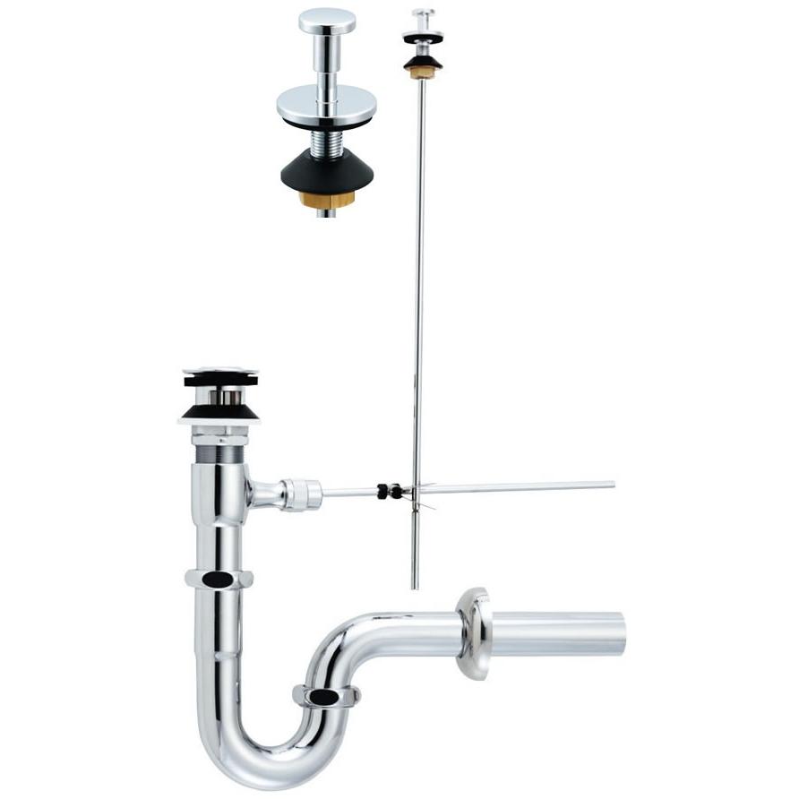 洗面所用シングルレバー混合栓。ワンプッシュ式排水金具(大口径用)。締