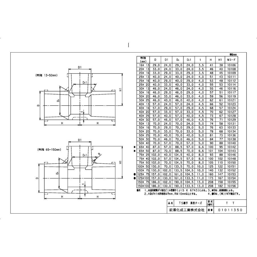 上水道関連製品＞TS継手／HI継手＞TS継手 TS異径チーズ TT125X75 Mコード：10153 前澤化成工業