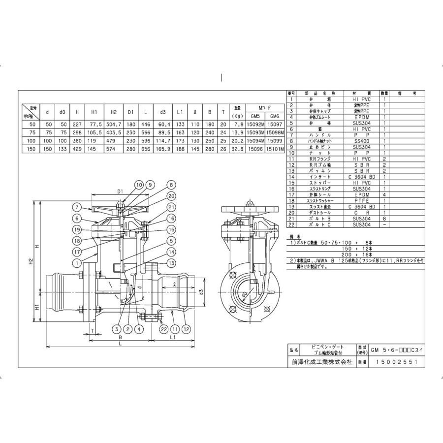 上水道関連製品＞ビニベンゲート／バタフライ＞ビニゲート GM ゴム輪形短管付 5型 (地上用丸ハンドル式／左開き) GM5-75 Mコード：15093 前澤化成工業