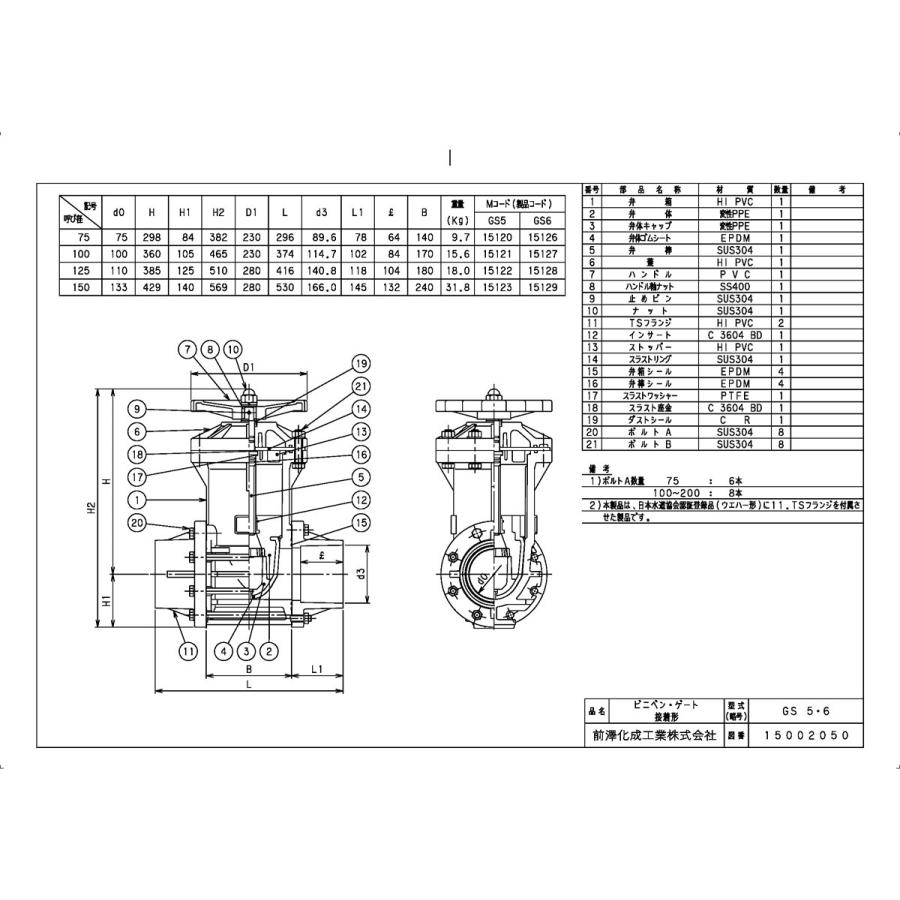上水道関連製品＞ビニベンゲート／バタフライ＞ビニゲート GS 接着形 5型 (地上用丸ハンドル式／左開き) GS5-100 Mコード：15121 前澤化成工業_1