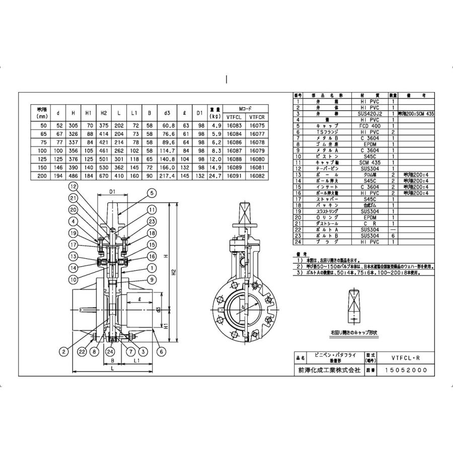 上水道関連製品＞ビニベンゲート／バタフライ＞バタフライ VTF VTFCL型 キャップ式／左開き VTFCL-50 Mコード：16083 前澤化成工業_1