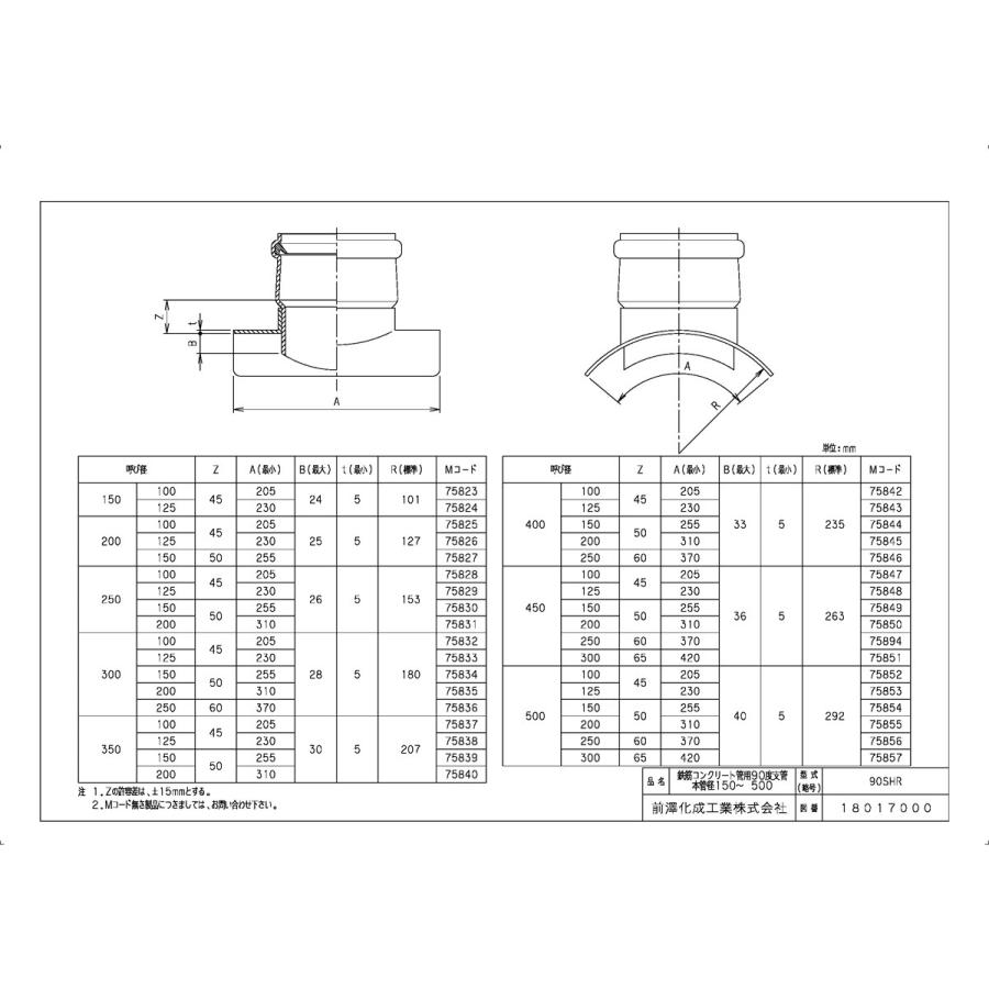 下水道関連製品＞下水道継手＞支管 ヒューム管用90度支管90SHR 90SHR500-300 Mコード：75857 前澤化成工業_1