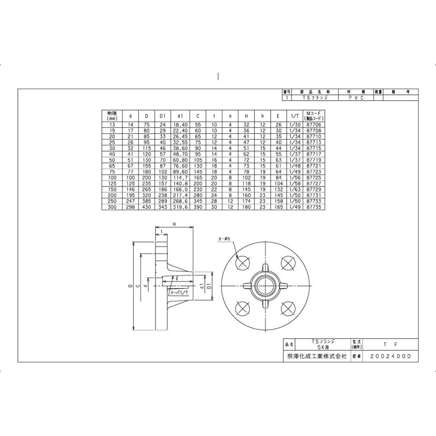 その他製品＞バルブ用副資材＞フランジ TSフランジ 5K TF5K300 Mコード：87735 前澤化成工業_1
