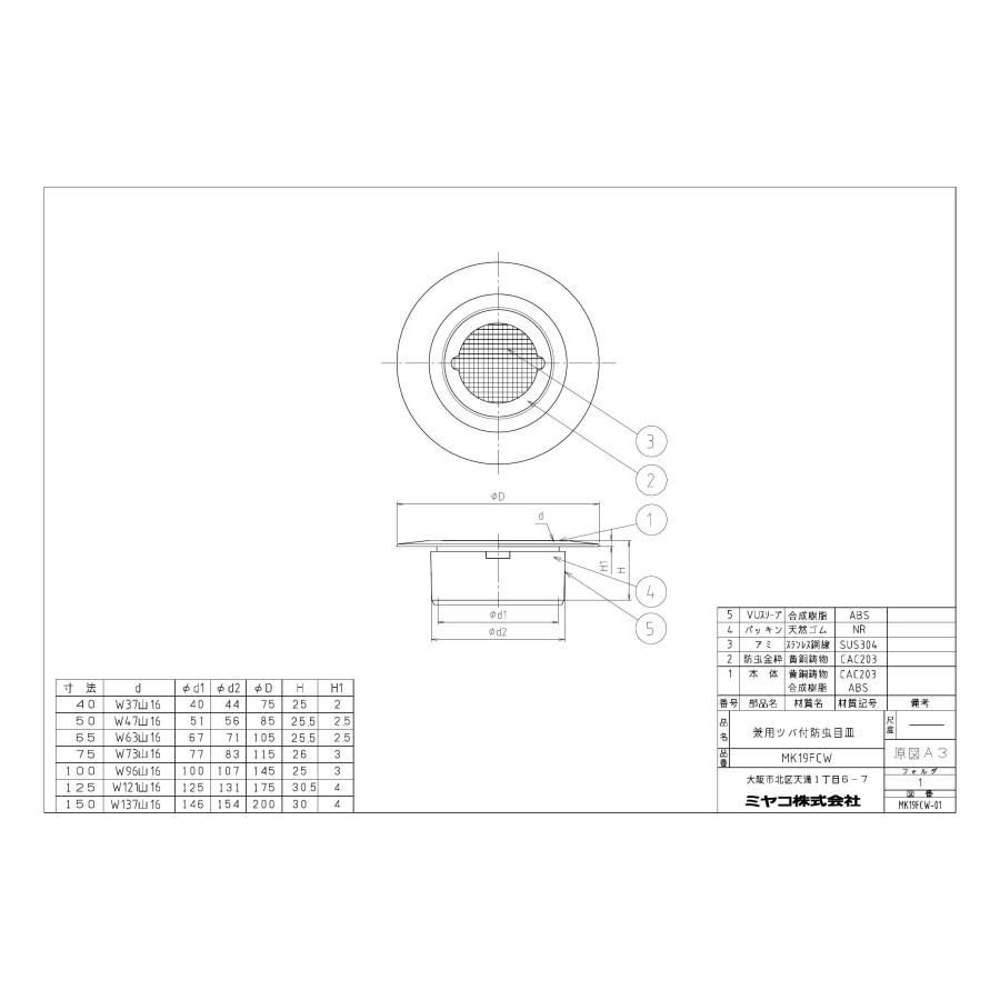 【MK19FCW 寸法：125】 ミヤコ 兼用ツバ付防虫目皿 排水部材