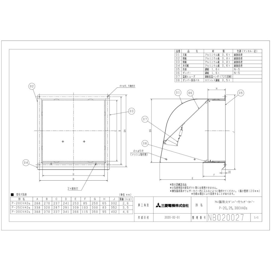 三菱 換気扇部材 P-20CVAD5 ウェザーカバー 20タイプ アルミ製 アルミ