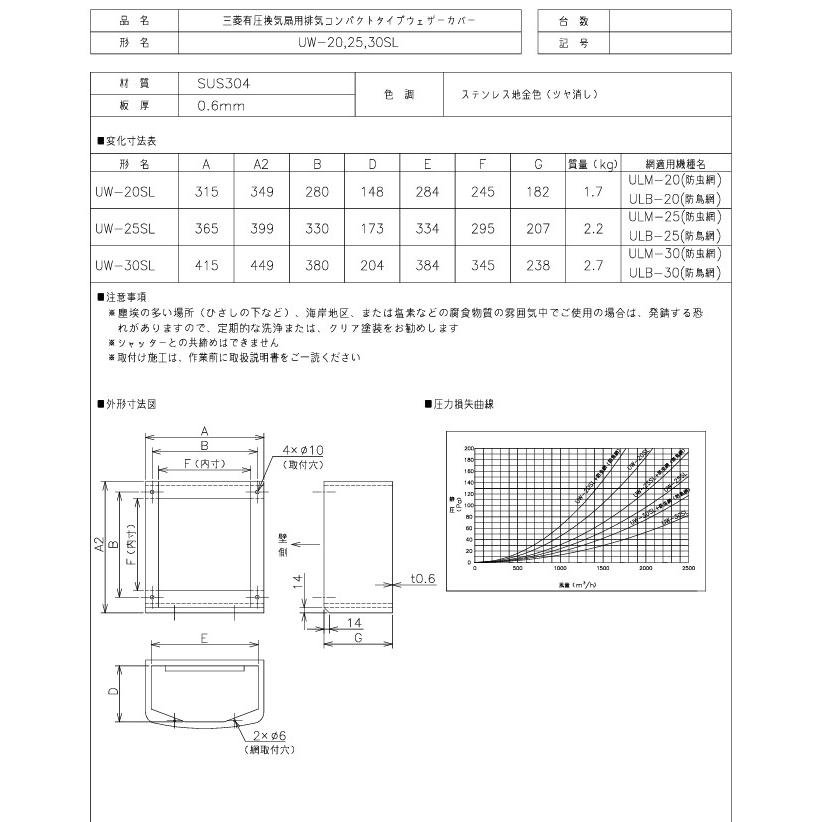 三菱 換気扇 部材 UW-30SL 有圧換気扇システム部材ウェザーカバー(三菱システムサービス製)_1