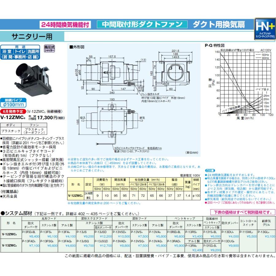 【送料無料】中間取付形ダクトファン 三菱 V-12ZMC6 本体 24時間換気機能付 ダクト用換気扇 V12ZMC6【沖縄・離島送料別途】【純正品】