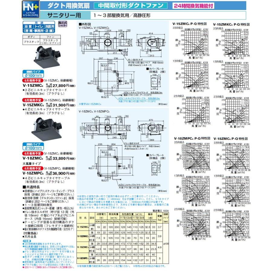 三菱 換気扇 【V-18ZMC6】中間取付形ダクトファン 24時間換気機能付換気扇 ダクト用換気扇 1~3部屋換気用 高静圧形 風圧シャッター 100パイプ接続【純正品】｜mary-b｜03