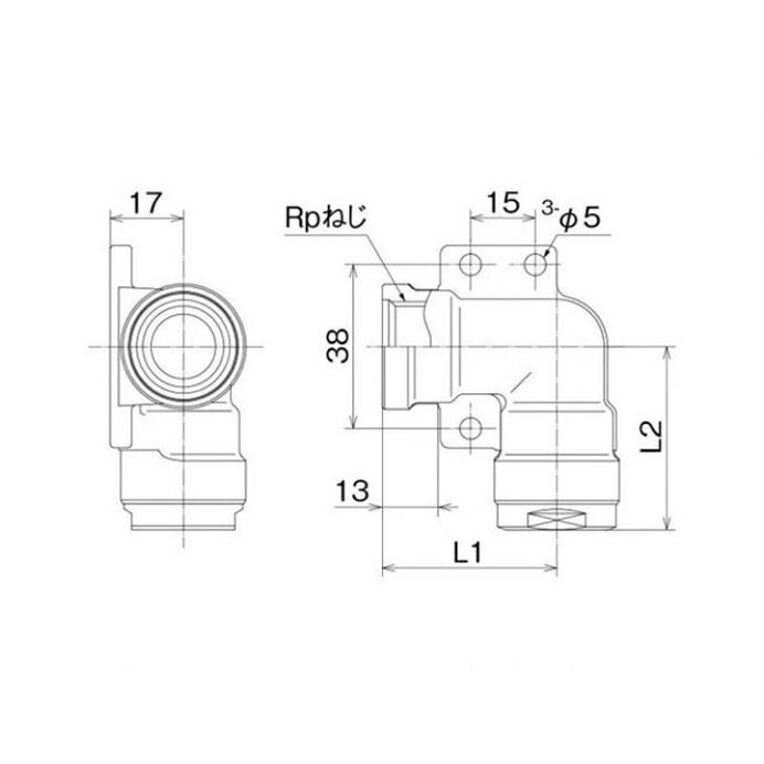 オンダ　WL36-1313-S 13A ／WL14-1313-S 13A WL36-1313-S | ダブルロックジョイント WL36型 右座水栓エルボ