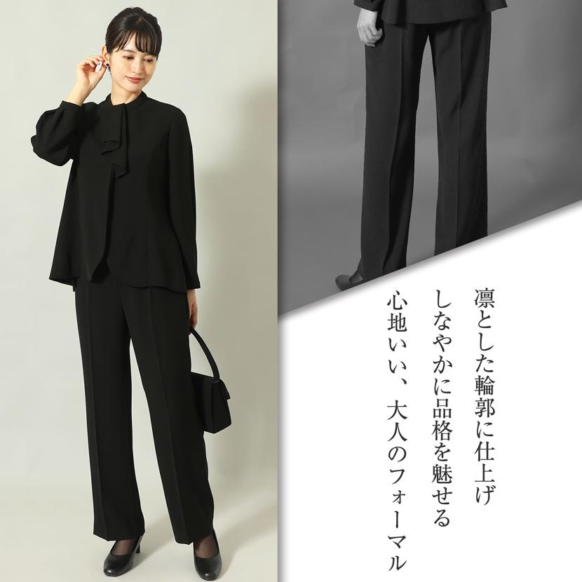 喪服 2点セット 前開き ボウタイ 2wey レディース 洗える ブラックフォーマル ブラウス ストレートパンツ パンツ 体型カバー 冠婚葬祭 入学式 卒業式 mc-2672の画像