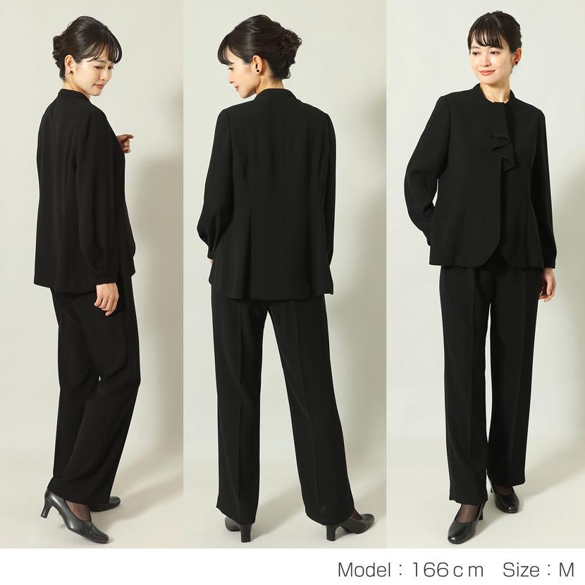喪服 2点セット 前開き ボウタイ 2wey レディース 洗える ブラックフォーマル ブラウス ストレートパンツ パンツ 体型カバー 冠婚葬祭 入学式 卒業式 mc-2672の画像