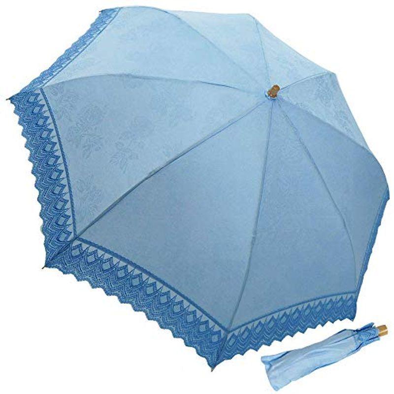マサキ 日傘 折りたたみ傘 花柄ジャガード無地Xエンブレース 切継ぎ UV防止加工付き 綿100％ 日本製 577903（ブルー）