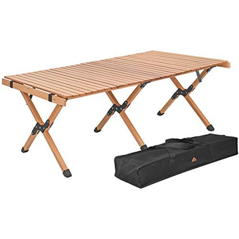 Anlik?ロールトップテーブル 天然木 簡単組立 オシャレ キャンプ 収納バッグ付 (120cmX70cmX45cm)
