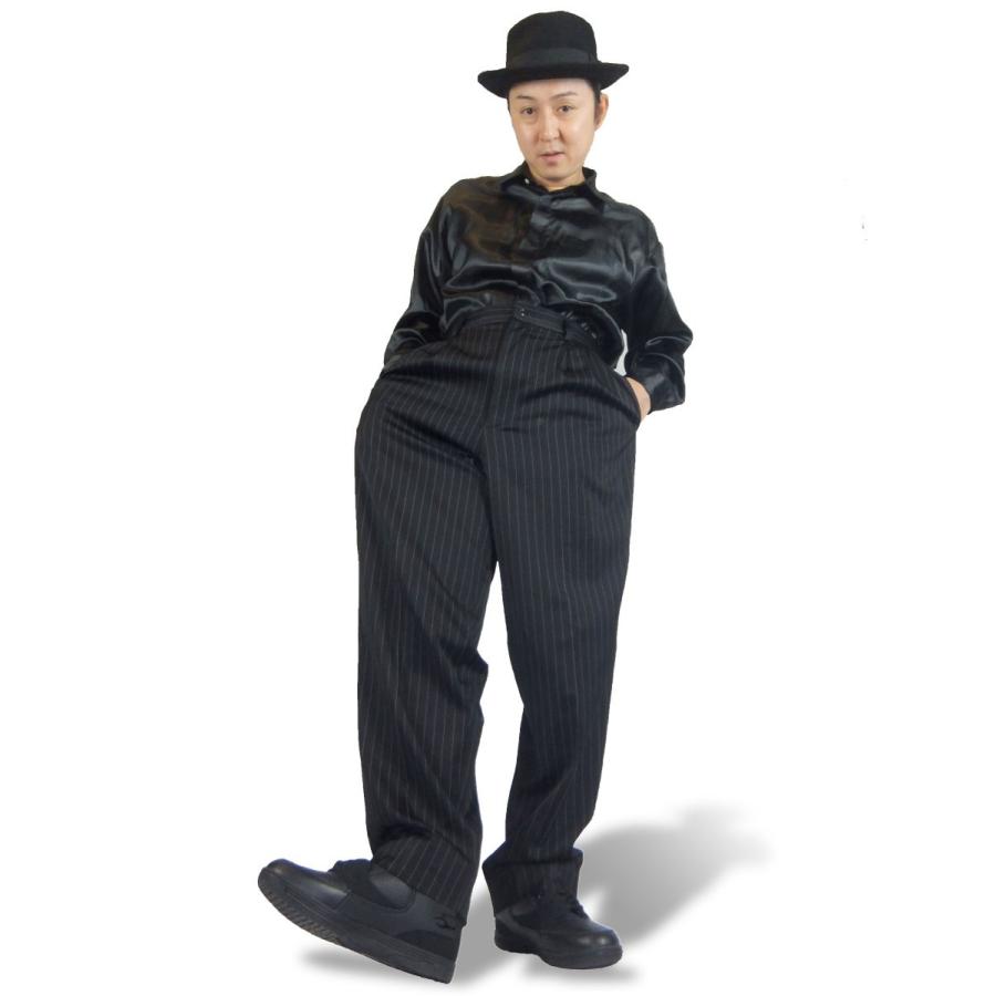 [ビンテージ]ストライプワークパンツ　ビッグサイズ　ボタンフライ　黒シャン スリータック スラックス 黒 ピン ストライプ ダンス 衣装 男女