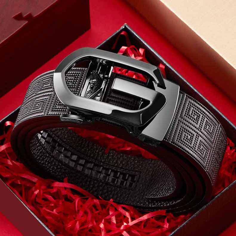 ギフト箱ベルト メンズ 本革 オートロック式 バックル 無段階 穴なし