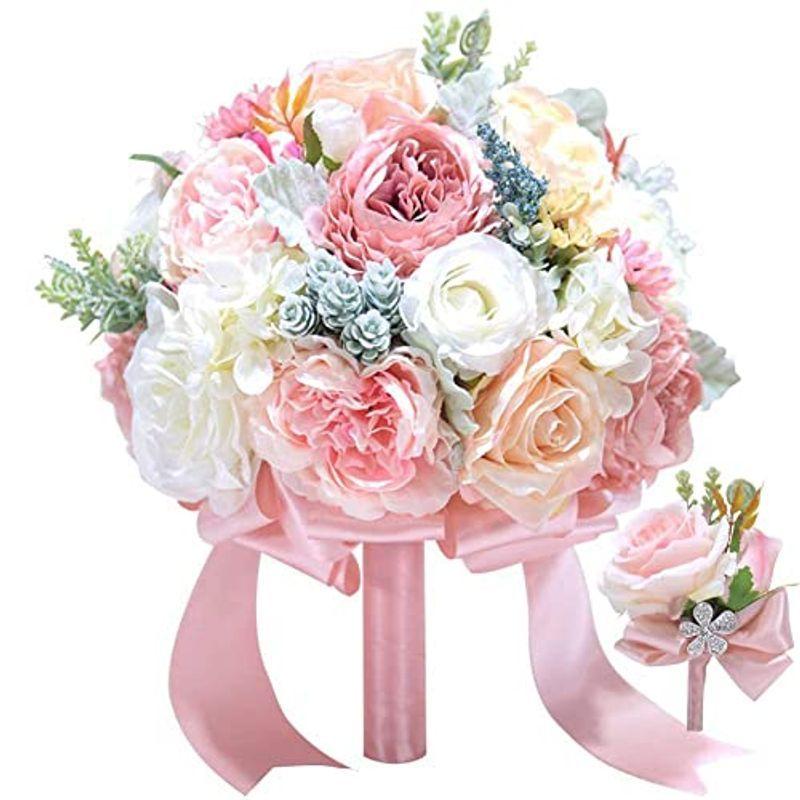 ウエディングブーケ 花嫁ブーケ ブートニア カラフル バラ 牡丹 芍薬 ブライダルブーケ ラウンドブーケ造花 花束 欧米風 結婚式 ニ次会