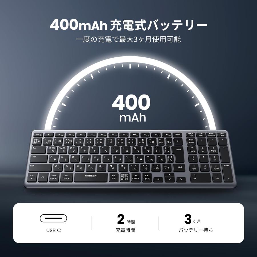 UGREEN ワイヤレスキーボード Bluetooth＆2.4G USB-C充電式 無線
