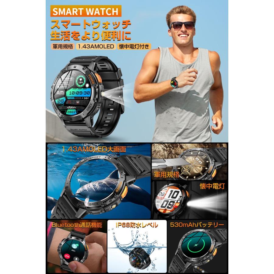 スマートウォッチ 2024革新モデル 軍用規格防水防塵耐衝撃1.43