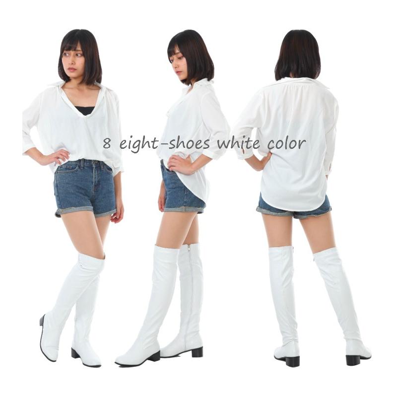 【フラットヒール　ニーハイ】ローヒールストレッチ　ニーハイブーツ黒色　白色：ローヒールニーハイブーツ【細身ストレッチ】