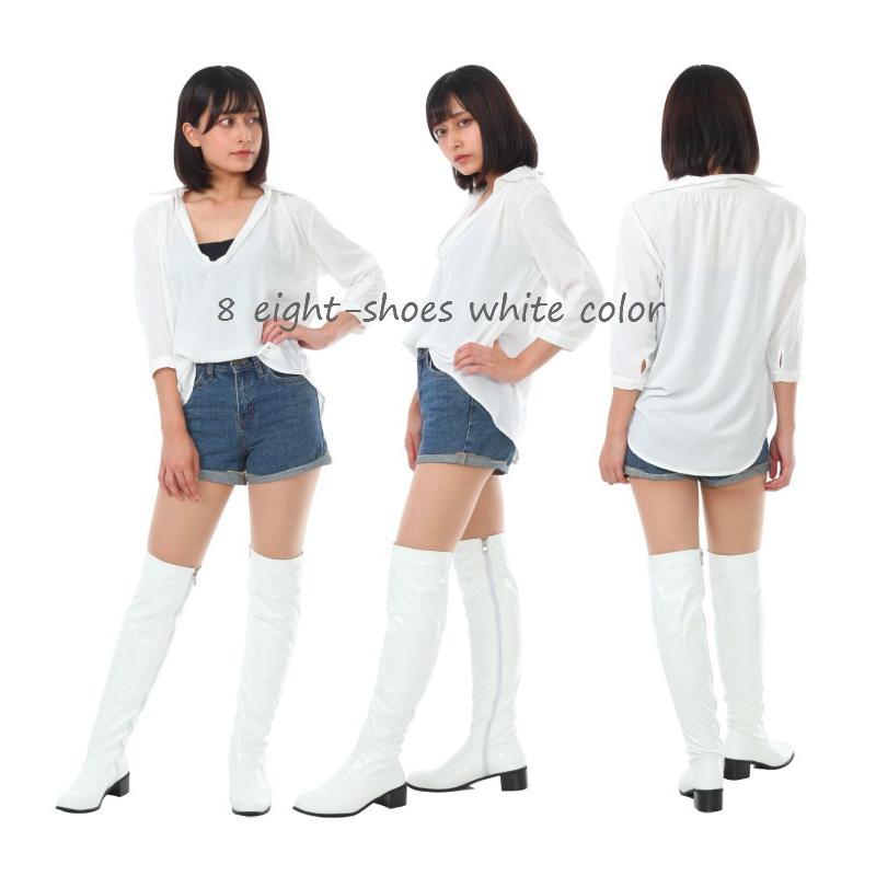 新作☆エナメルニーハイブーツ黒色 白色：ローヒール エナメル