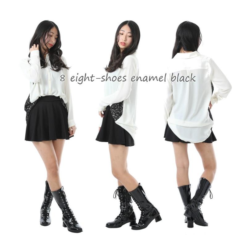 チャンキーヒール 編み上げハーフ ミドルブーツ 黒色 白色 エナメル