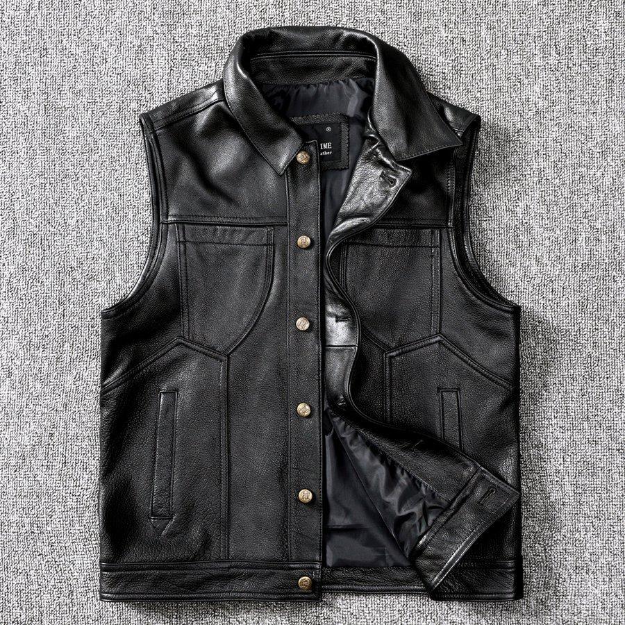 激安セール 革ベスト ベスト メンズ 本革 バイク バイカー ハーレー ライダース 牛革 シングル ショート スリムタイプ