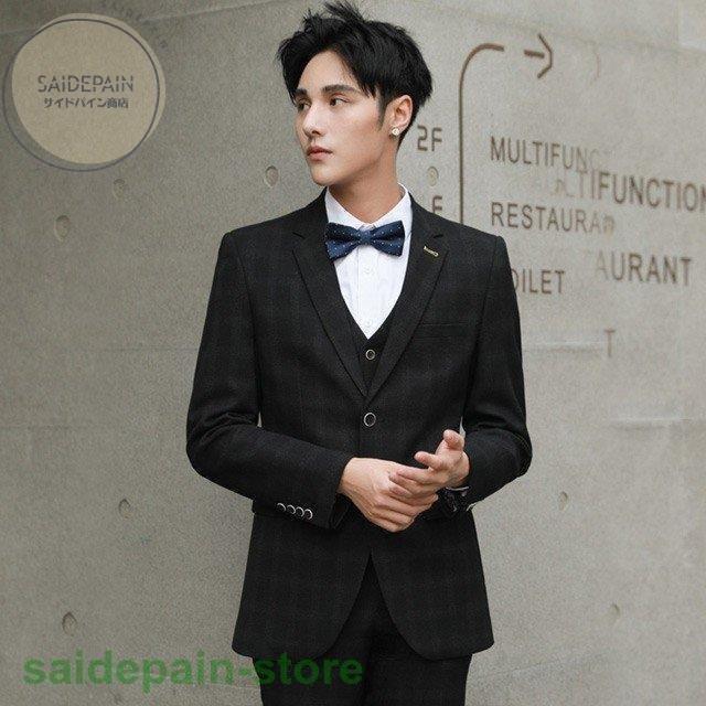 パーティー 紳士服 メンズスーツ フォーマルスーツ 3点セット タキシード 結婚式 3ピーススーツ メンズ チェック柄 上品 リアル