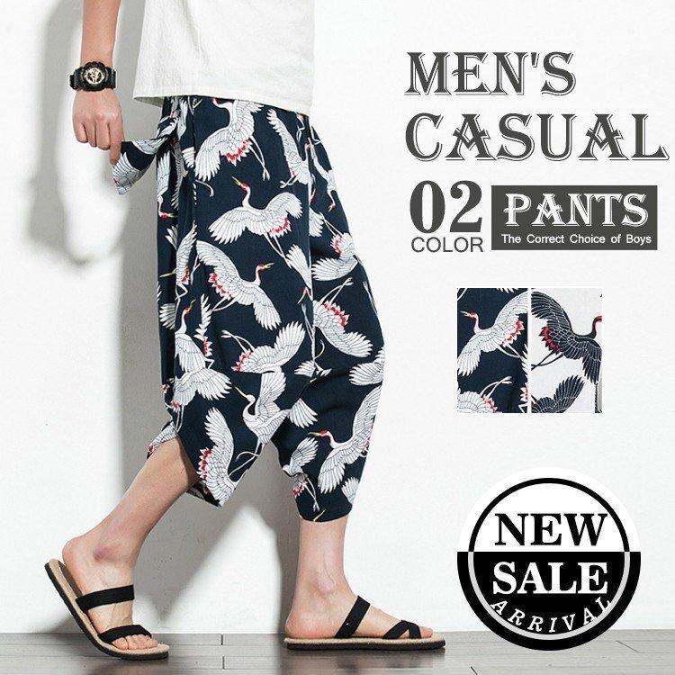 メンズファッション 全3色 黒 赤 ベージュ サルエルパンツ メンズ 夏 ハロンパンツ メンズ 鶴柄 ロング丈 バギーパンツ 薄手 カジュアル 大きいサイズあり 無地 リラックス 春 カジュアルパンツ 4ygmfx39vw Www Tritop Com Br