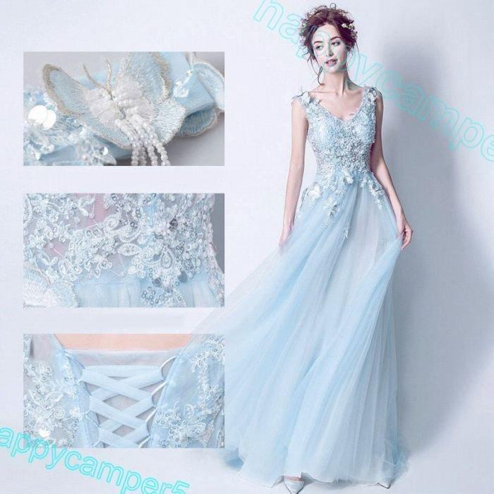 贅沢屋の パーティドレス パーティードレス 服装 結婚式 パーティー 水色 花嫁50 ステージ 舞台 ピアノ 発表会 演奏会 ロングドレス レース 刺繍 立体花 青 パーティドレス サイズ Xl Www Almila Com Br