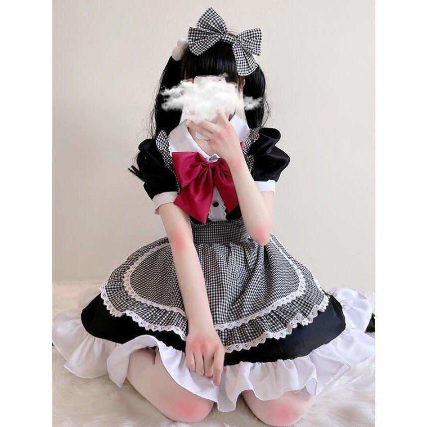 メイド服 ロリータワンピース 可愛い ゴスロリ ロリータ服 コスプレ ハロウィン衣装 チェック柄 レース裾 フリル 半袖 エプロン 蝶リボン 仮装｜masayastore｜08