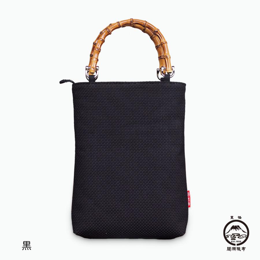 刺し子 手提げバッグ 縦型 バンブー 竹製持ち手 白黒 黒 紺 祭り用品