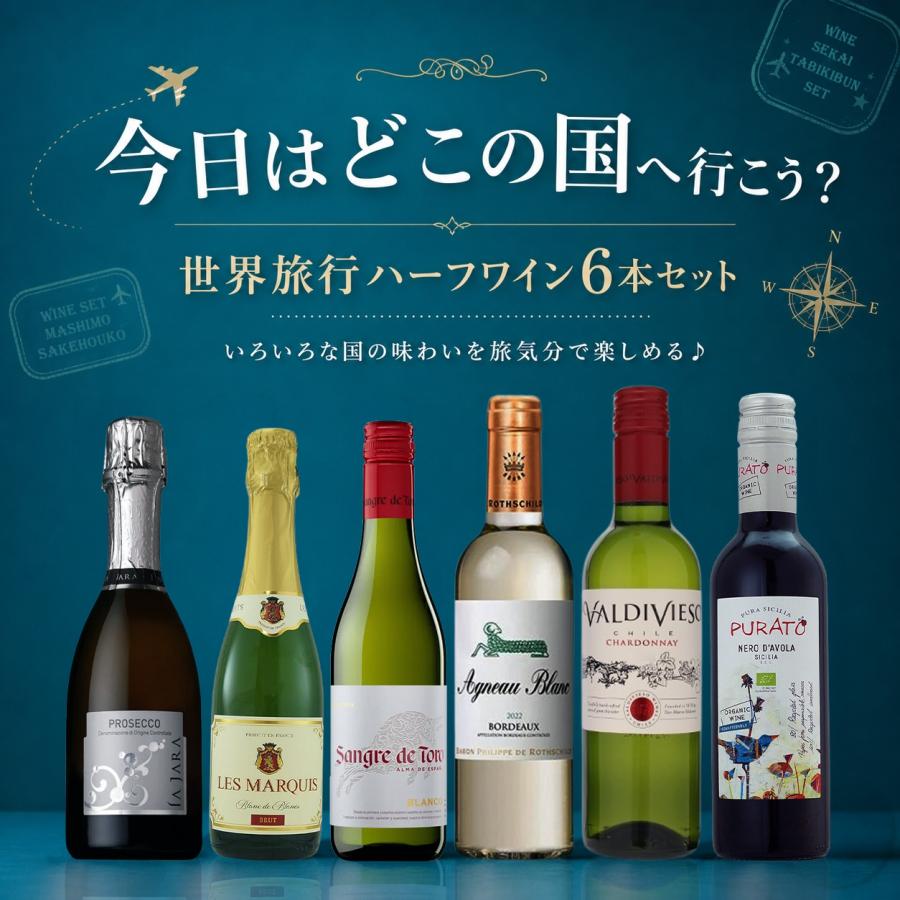 今日はどこの国へ行こう？世界旅行ハーフワイン 6本セット 今日はどれにしよう？ ワインセット シリーズ 赤 白 泡 送料無料 | 