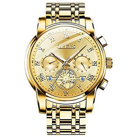 【激安大特価！】  Gold Chronograph OLEVS Watches Watch【並行輸入品】 Steel Stainless Analog Fashion Men for 腕時計