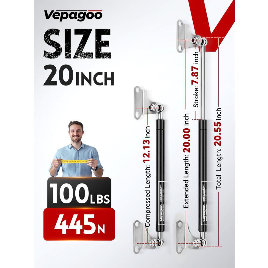 【並行輸入品】Vepagoo ガスストラット 20インチ 100ポンド/445N ショックブラケット付き、RVベッド収納ドアリフトキット、高耐久_3