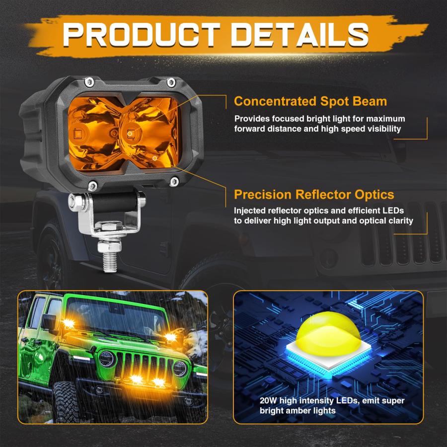 【並行輸入品】Niking Auto Amber LED Pods, 2Pcs 4 Inch Yellow Spot Driving Fog_6