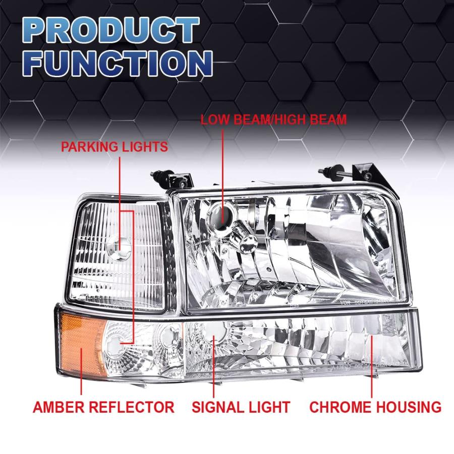 【並行輸入品】 PIT66 ヘッドライト 92 96 フォード F150/250/350 Bronco クリアレンズ クロムハウジング アンバー_3