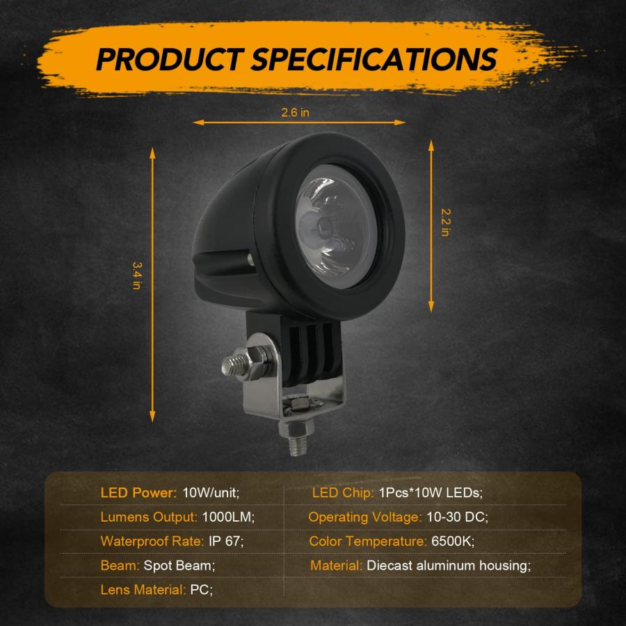 【並行輸入品】Audak 2個 10W スポット ミニ LED 作業灯 2インチ ラウンド LED ドライビングライト フォグライト オートバイの画像