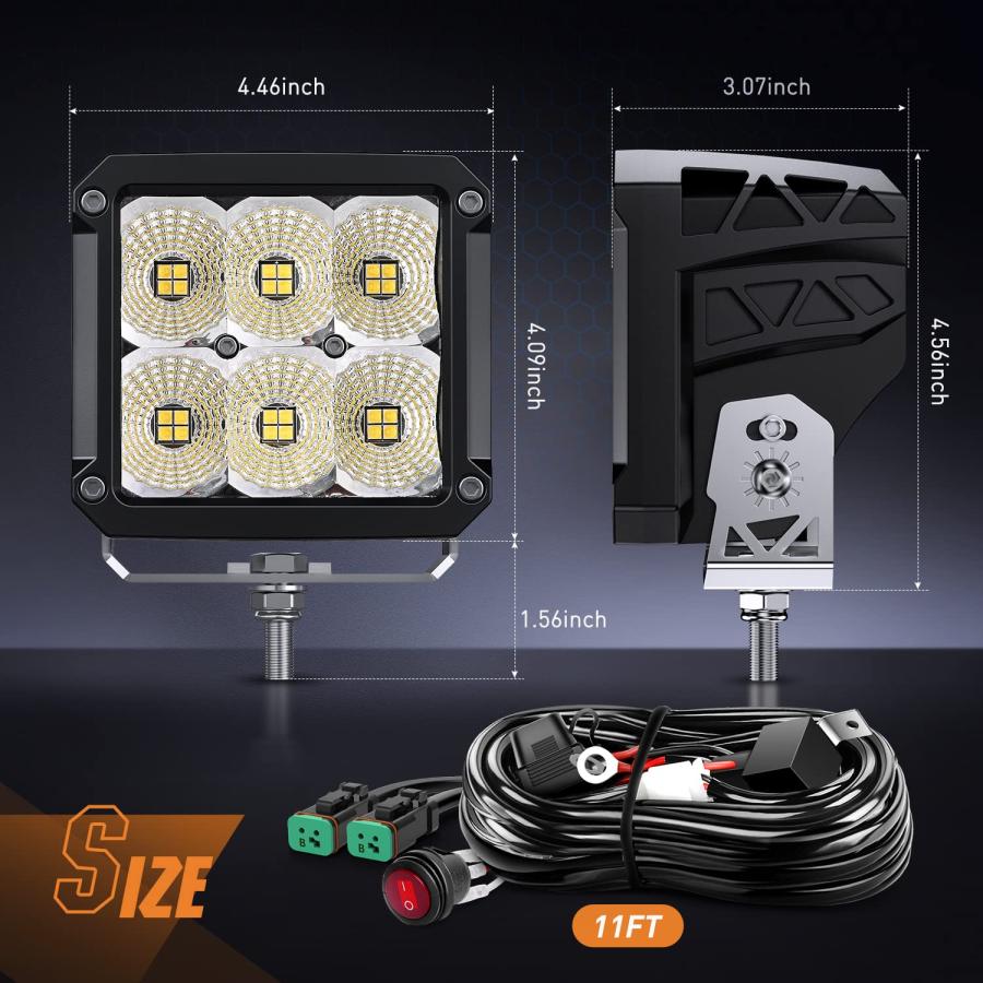 【並行輸入品】Nilight LEDポッドライト 2個 120W 4インチ正方形 13500LM 120°スーパーフラッドライト 14AWG Dの画像