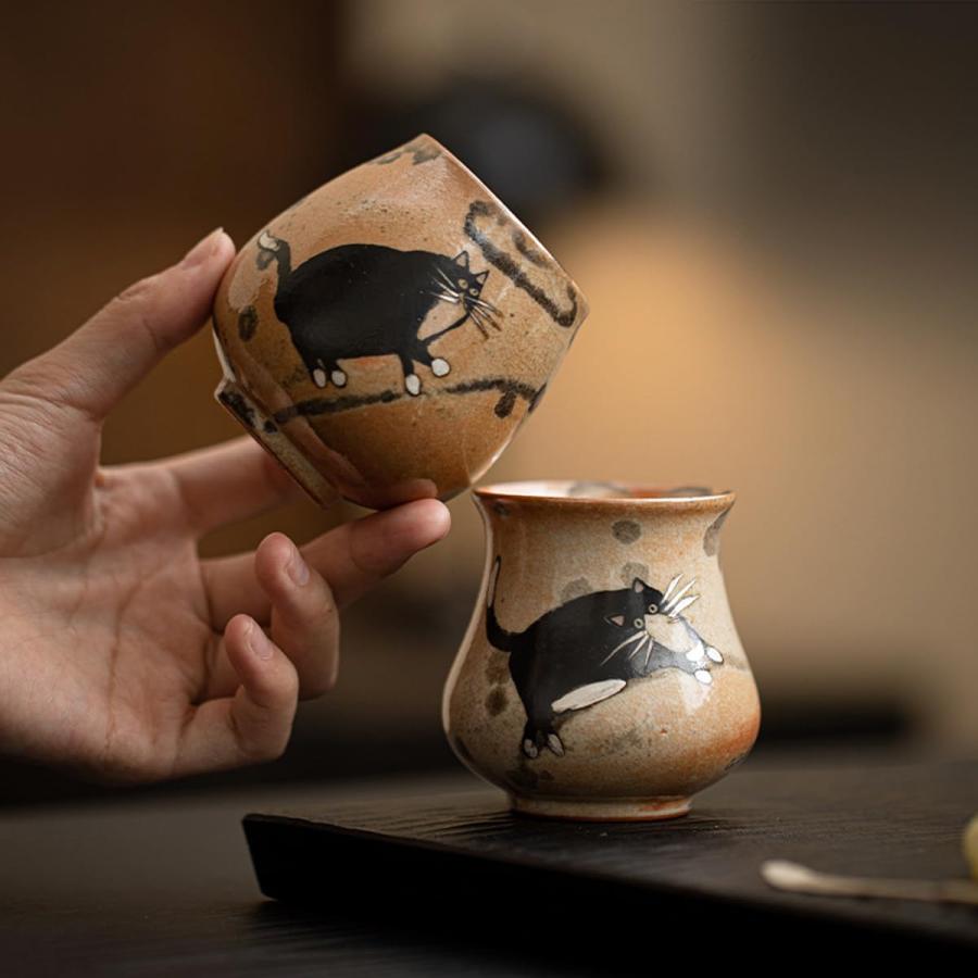 窯変 志野焼 猫 茶杯 職人手作り 陶瓷 酒器 徳利 お猪口 湯呑み 清酒杯
