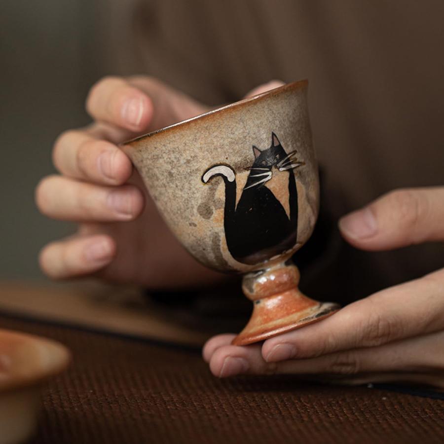 窯変 志野焼 猫 茶杯 職人手作り 陶瓷 酒器 徳利 お猪口 湯呑み 清酒杯